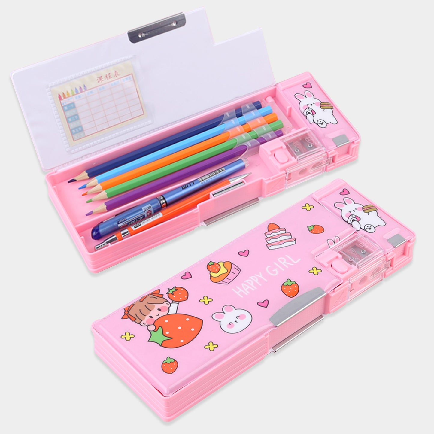 Pop Up Multifunction Pencil Case for Girls Boys, Cute Cartoon Pen Box Organizer Stationery with Sharpener, Schedule, School Supplies, Best Birthday Gifts for Kids Teens-Strawberry