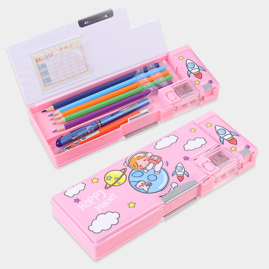 Pop Up Multifunction Pencil Case for Girls Boys, Cute Cartoon Pen Box Organizer Stationery with Sharpener, Schedule, School Supplies, Best Birthday Gifts for Kids Teens-Happy Planet