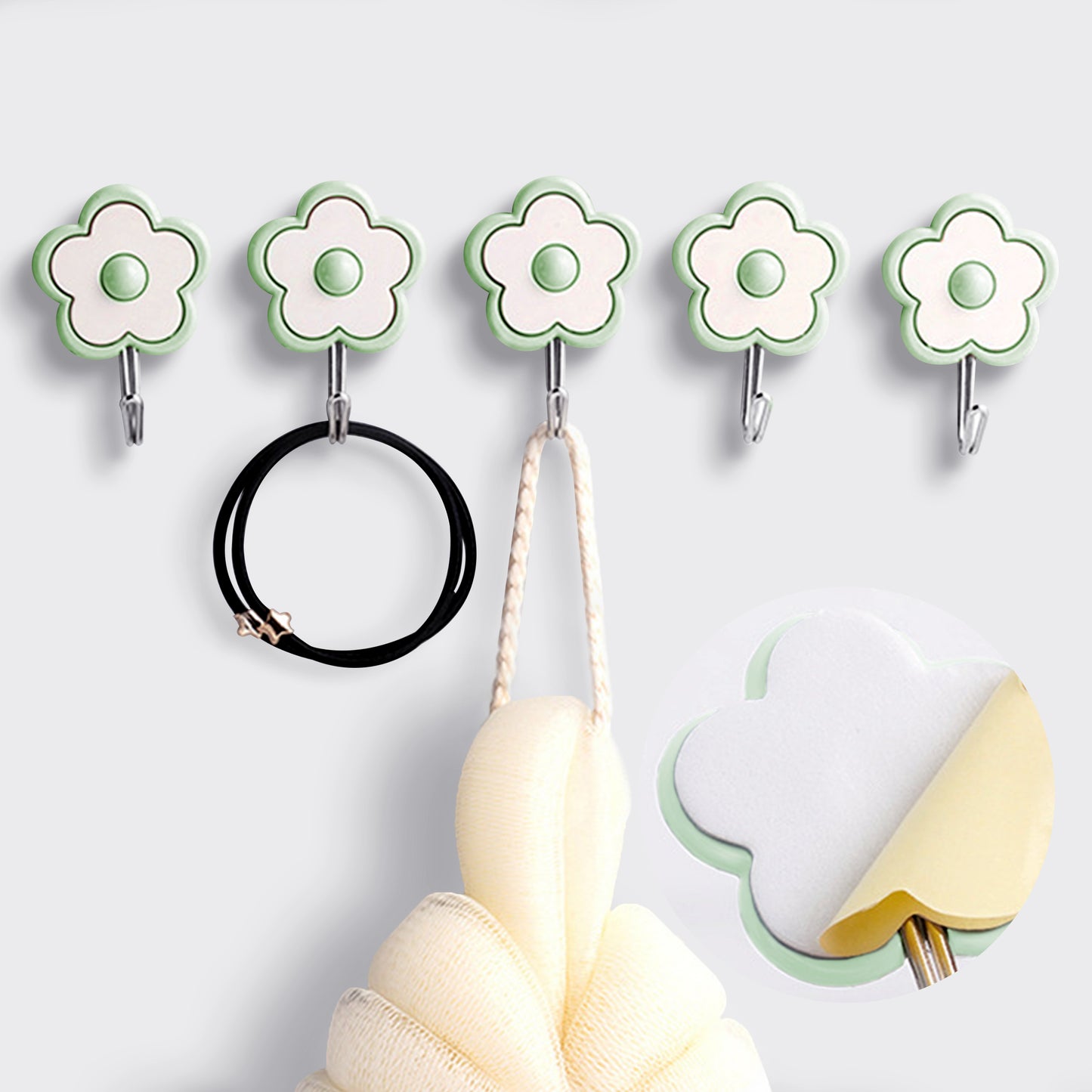 LilyBeauty [5 Pack] Cute Floret Utility Hooks Heavy Duty Up to 5 Pounds, Waterproof and Oil Proof. Hanging Key. Stick On Wall Kitchen Bathroom Ceiling Or Office Windows Hangers-Green