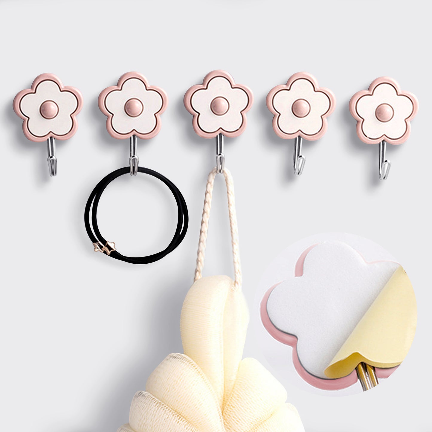 LilyBeauty [5 Pack] Cute Floret Utility Hooks Heavy Duty Up to 5 Pounds, Waterproof and Oil Proof. Hanging Key. Stick On Wall Kitchen Bathroom Ceiling Or Office Windows Hangers-Pink